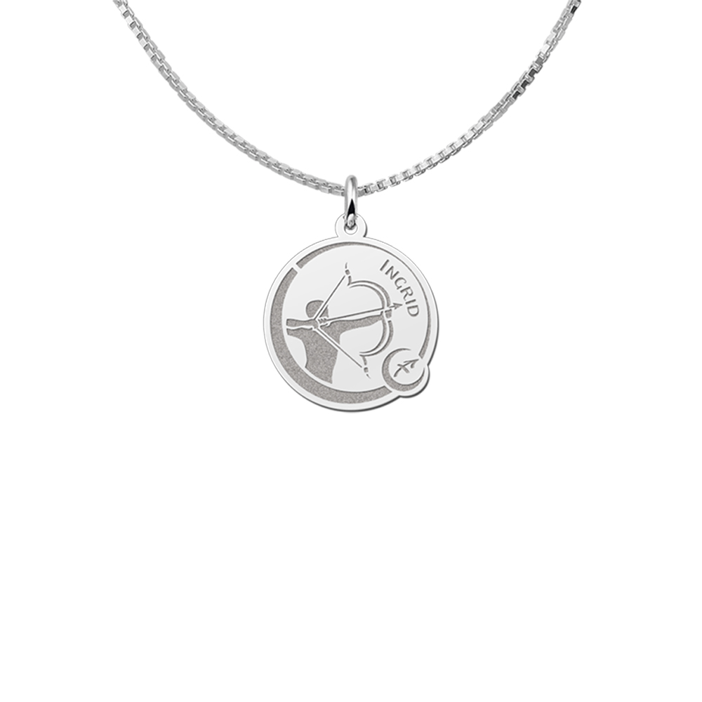 Colgante Redondo de Plata Signo del Zodiaco Sagitario con Grabado de Nombre