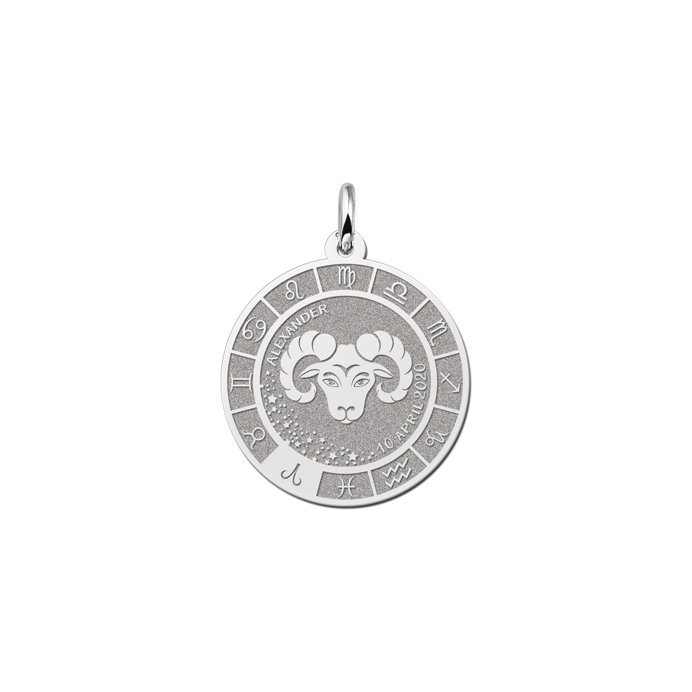 Colgante Redondo de Plata Signo del Zodiaco Aries con Grabado