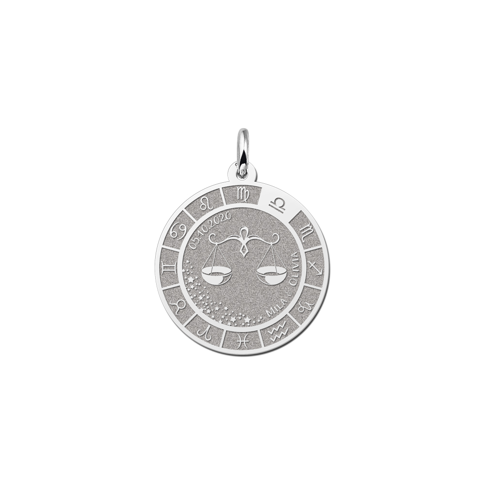 Colgante Redondo de Plata Signo del Zodiaco Libra con Grabado