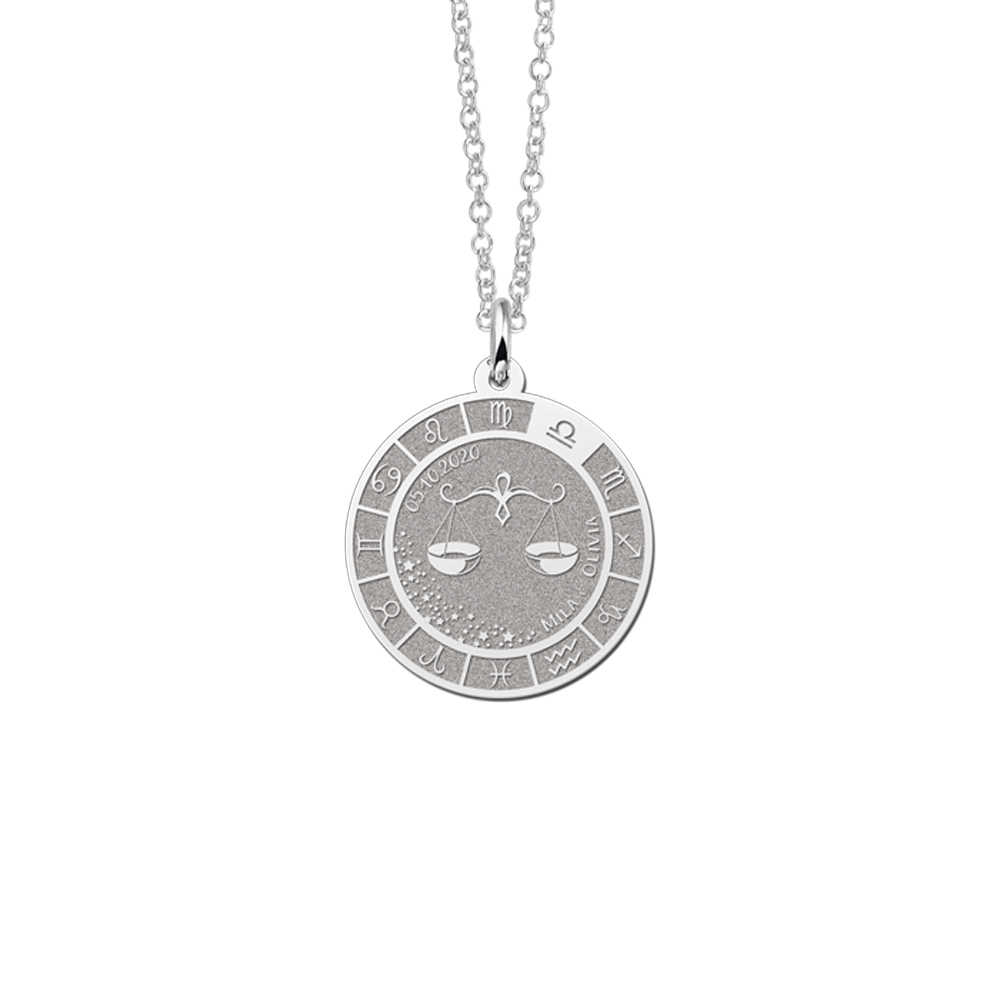 Colgante Redondo de Plata Signo del Zodiaco Libra con Grabado