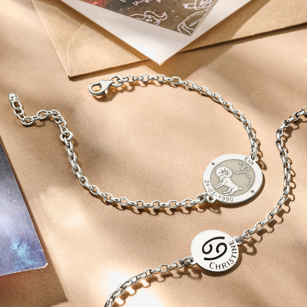 Pulsera de Plata Signo del Zodiaco Aries con Grabado