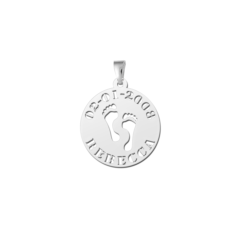 Colgante Redondo de Plata Pies de Niño con Nombre y Fecha