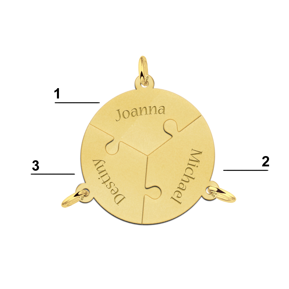 Colgante partido de puzzle redondo de 3 piezas chapado en oro con nombres