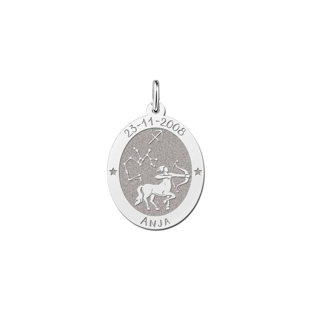 Colgante Ovalado de Plata Signo del Zodiaco Sagitario con Grabado de Nombre