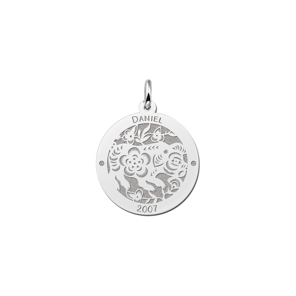 Colgante Redondo de Plata Signo del Zodiaco Chino Cerdo con Grabado