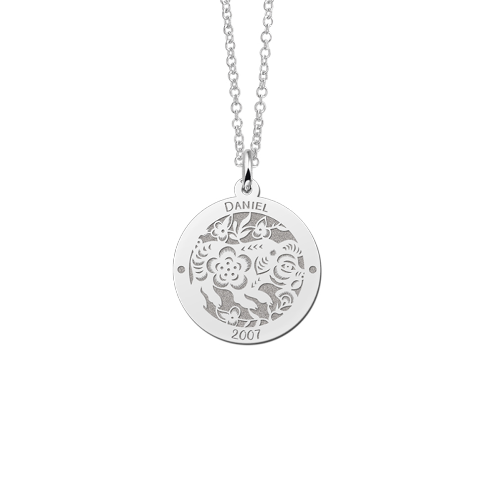 Colgante Redondo de Plata Signo del Zodiaco Chino Cerdo con Grabado