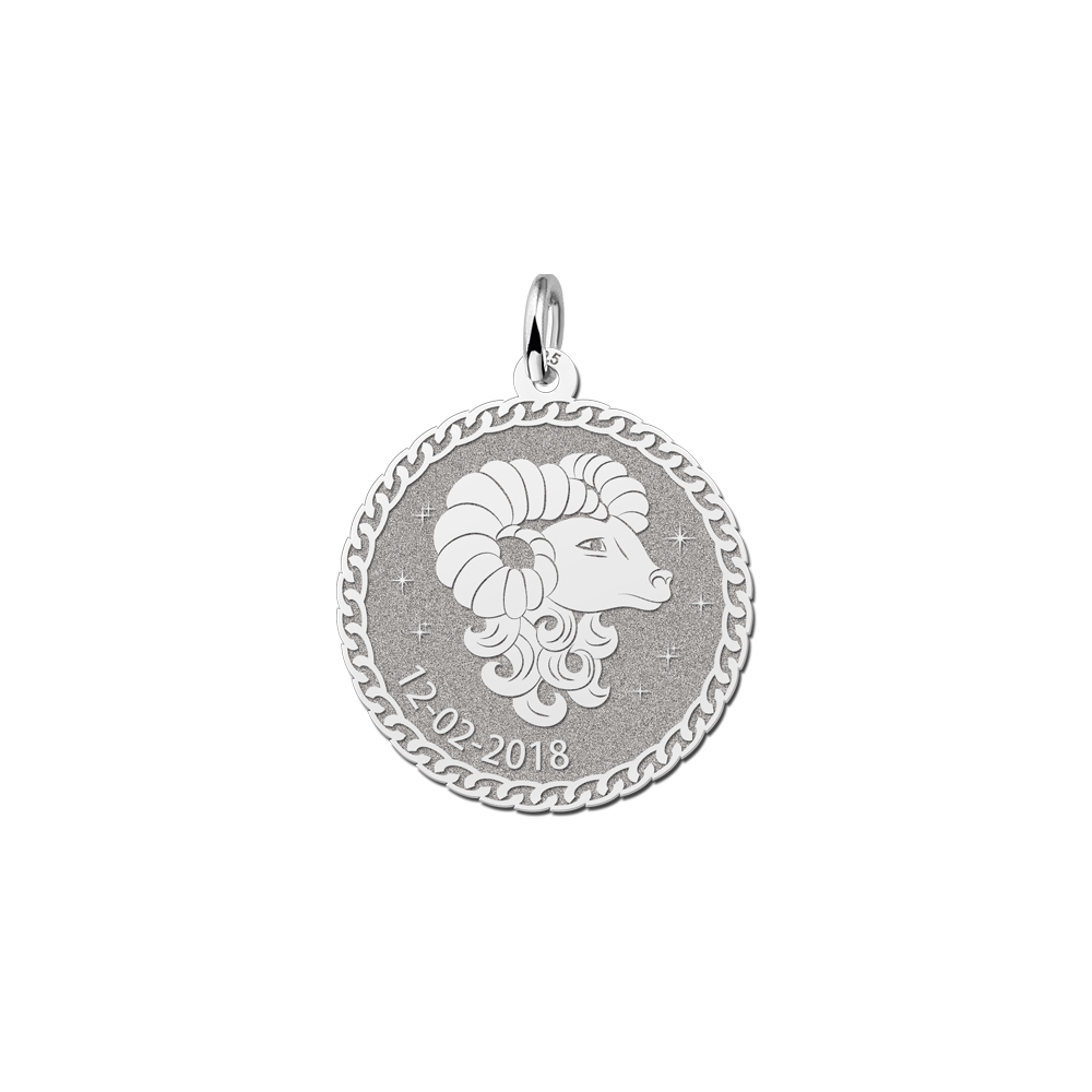Colgante Redondo de Plata Signo del Zodiaco Aries con Grabado de Nombre