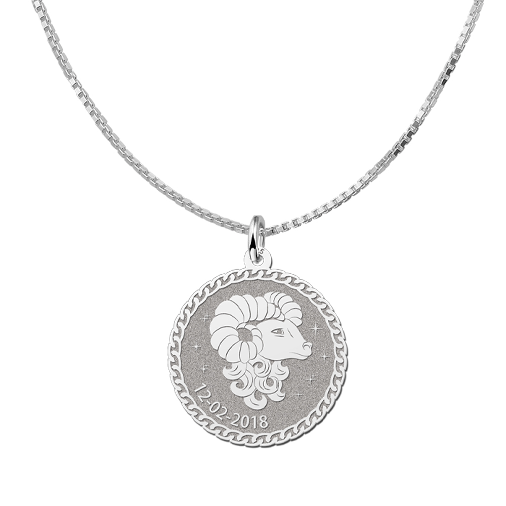 Colgante Redondo de Plata Signo del Zodiaco Aries con Grabado de Nombre