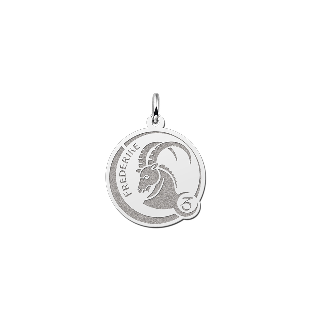 Colgante Redondo de Plata Signo del Zodiaco Capricornio con Grabado de Nombre