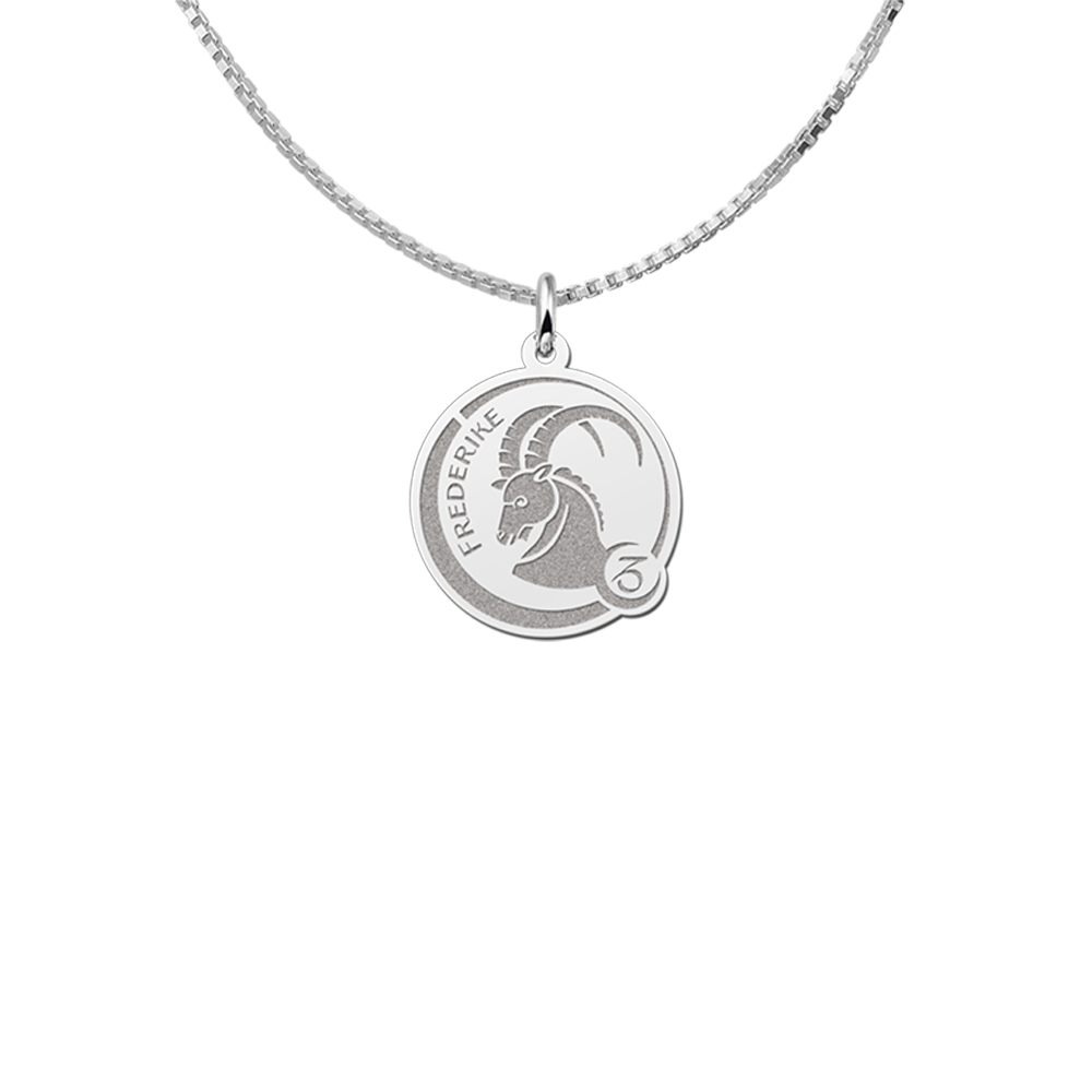 Colgante Redondo de Plata Signo del Zodiaco Capricornio con Grabado de Nombre