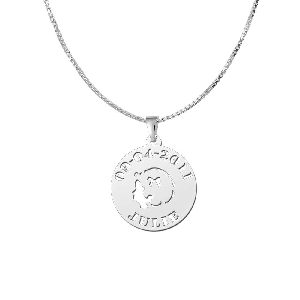 Colgante bebé de plata con cabeza de niña, nombre y fecha