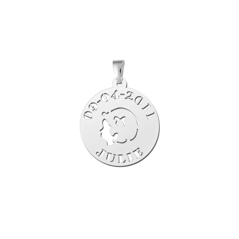 Colgante bebé de plata con cabeza de niña, nombre y fecha