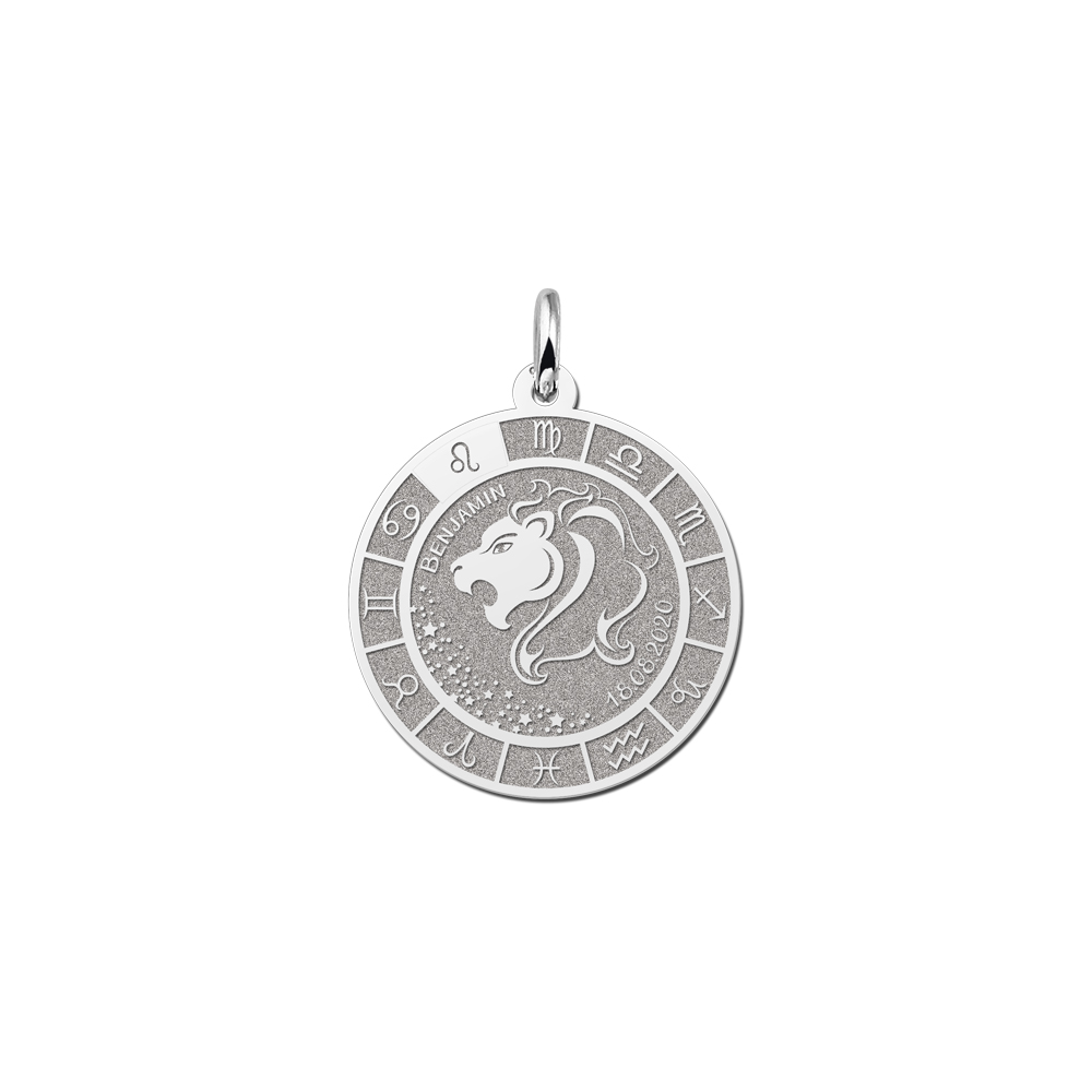 Colgante Redondo de Plata Signo del Zodiaco Leo con Grabado