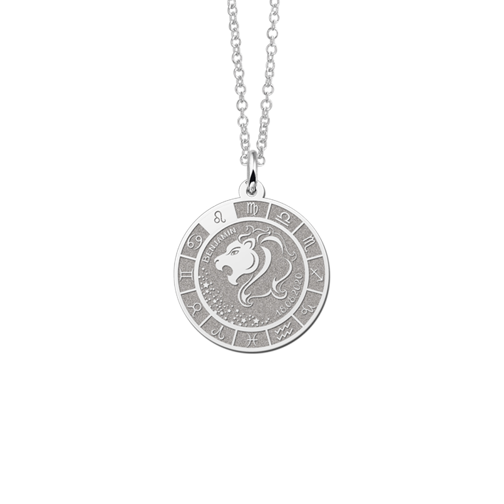Colgante Redondo de Plata Signo del Zodiaco Leo con Grabado