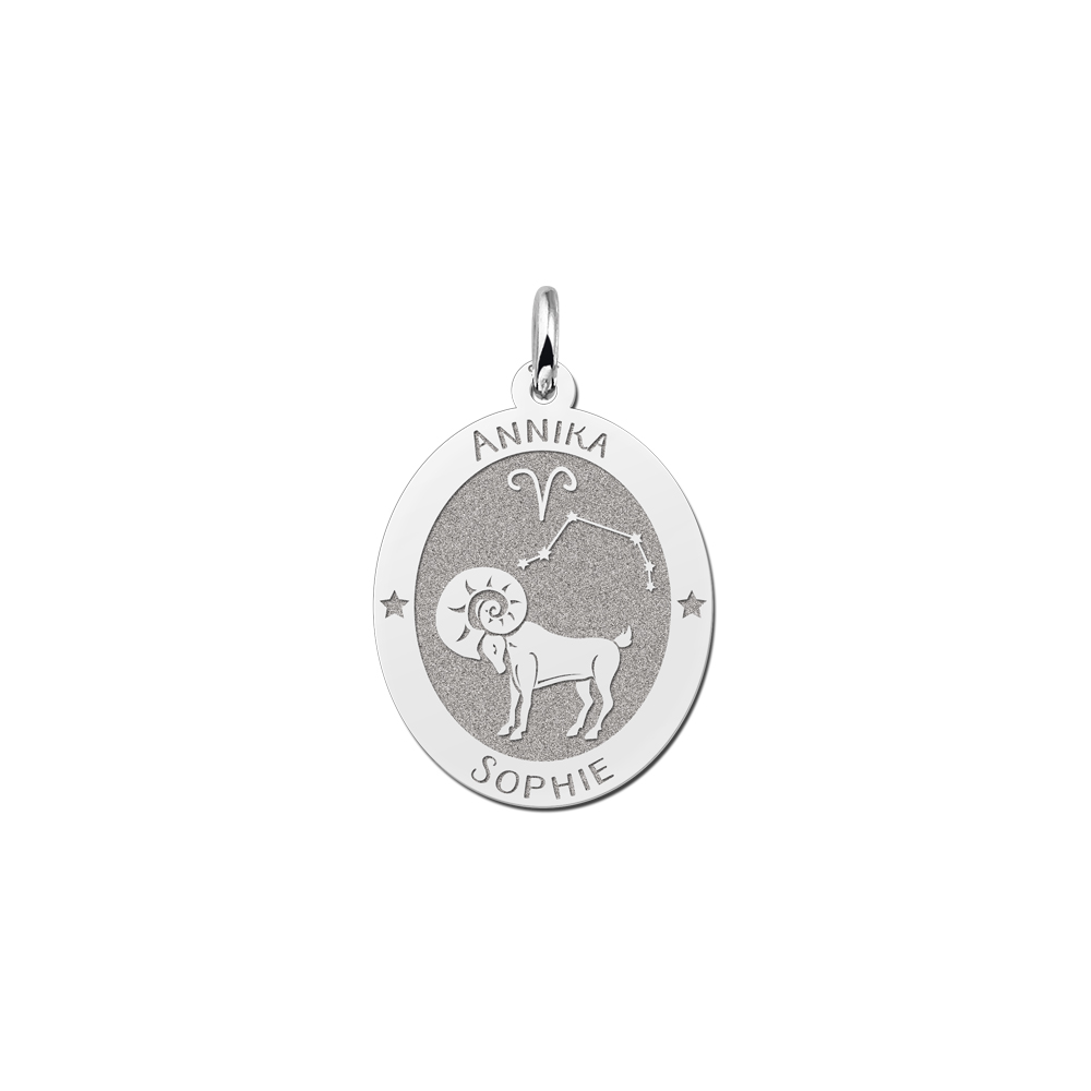 Colgante Ovalado de Plata Signo del Zodiaco Aries con Grabado de Nombre