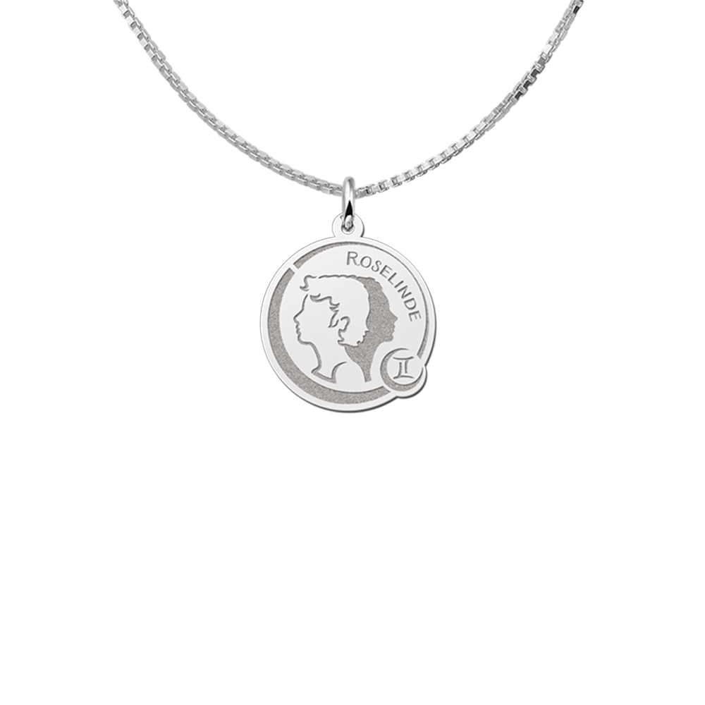 Colgante Redondo de Plata Signo del Zodiaco Géminis con Grabado de Nombre