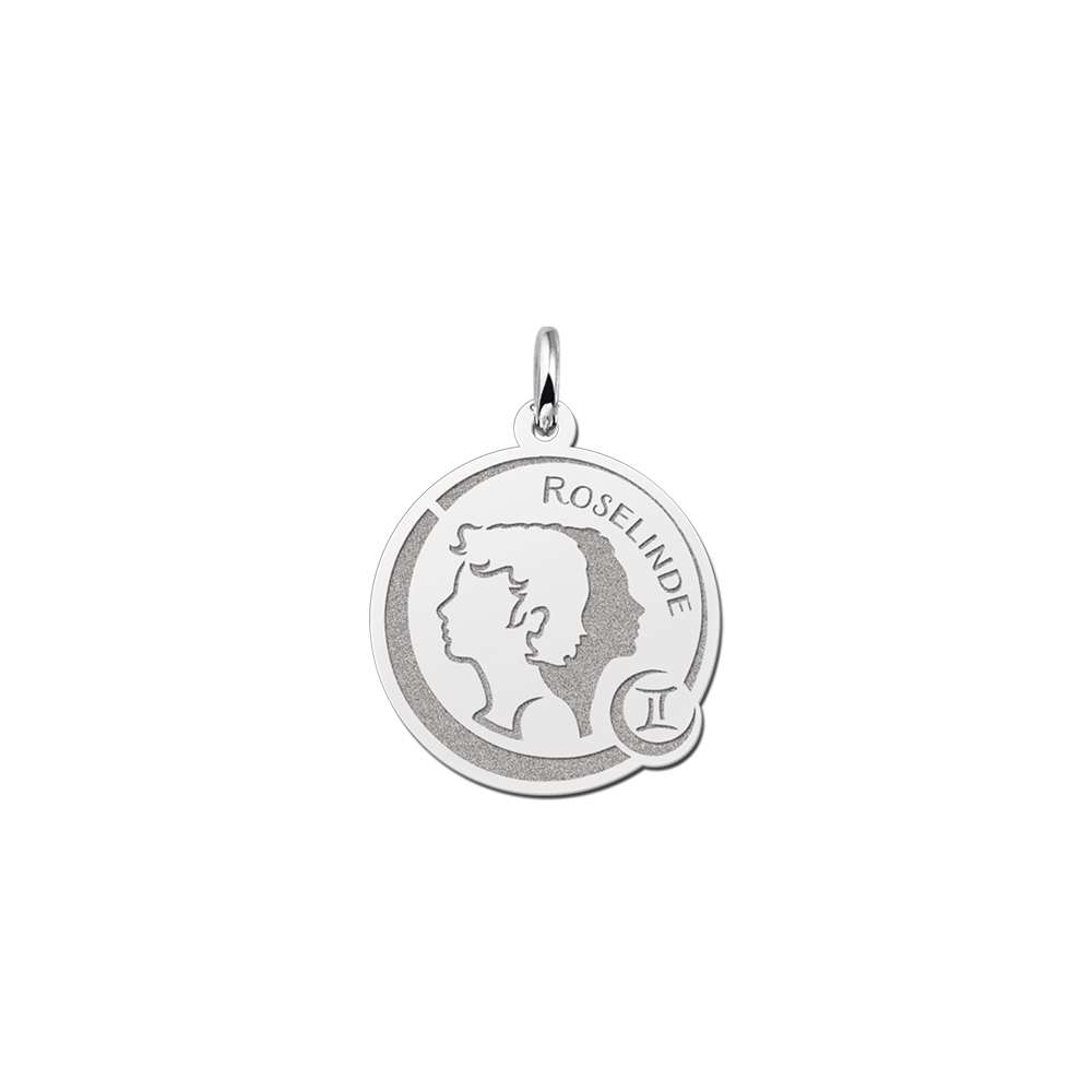 Colgante Redondo de Plata Signo del Zodiaco Géminis con Grabado de Nombre