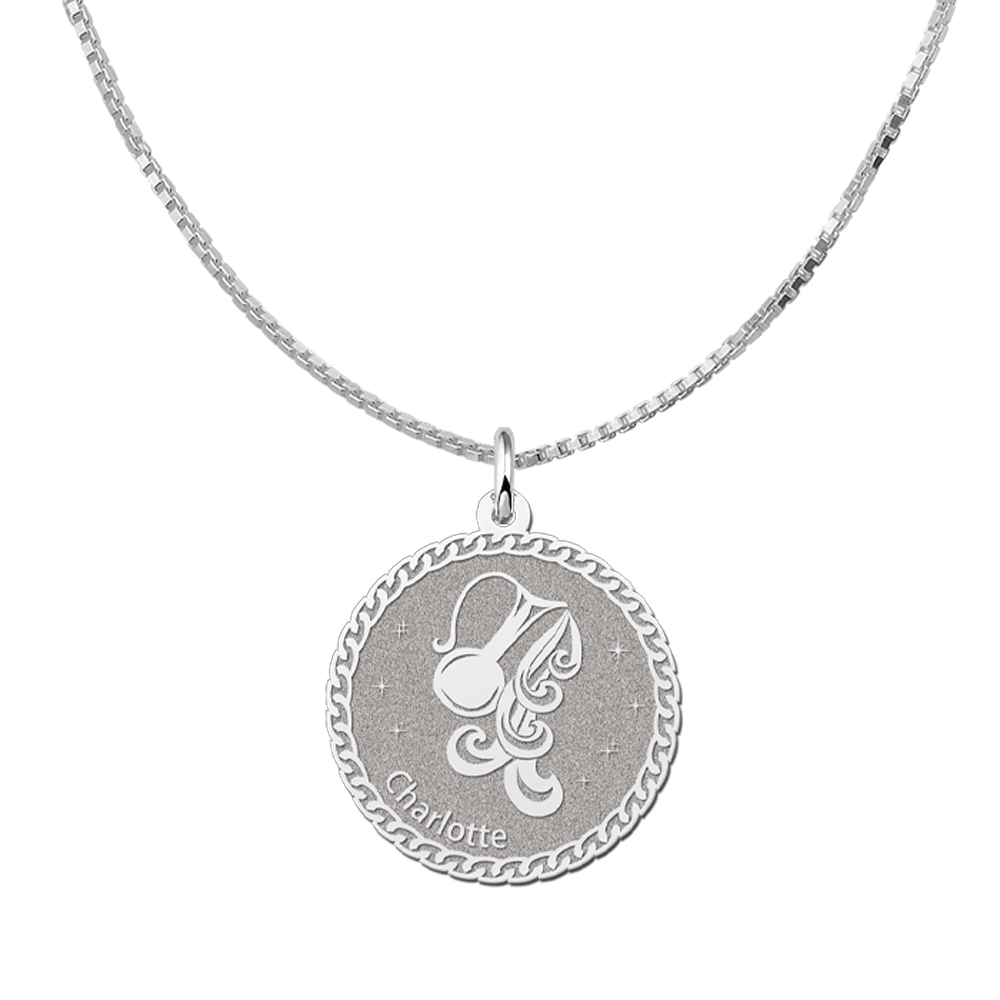 Colgante Redondo de Plata Signo del Zodiaco Acuario con Grabado de Nombre