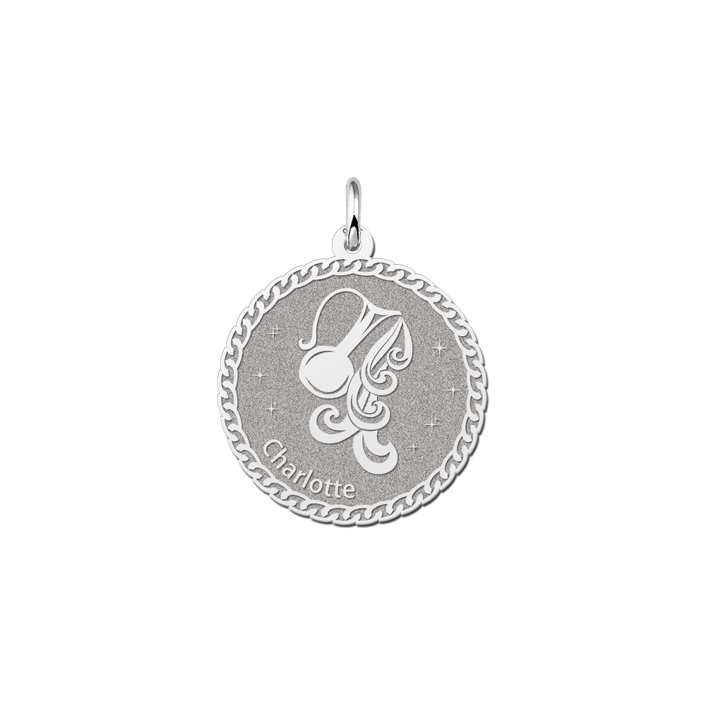 Colgante Redondo de Plata Signo del Zodiaco Acuario con Grabado de Nombre