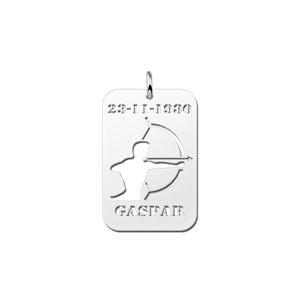 Colgante de Plata Signo del Zodiaco Sagitario con Grabado de Fecha y Nombre