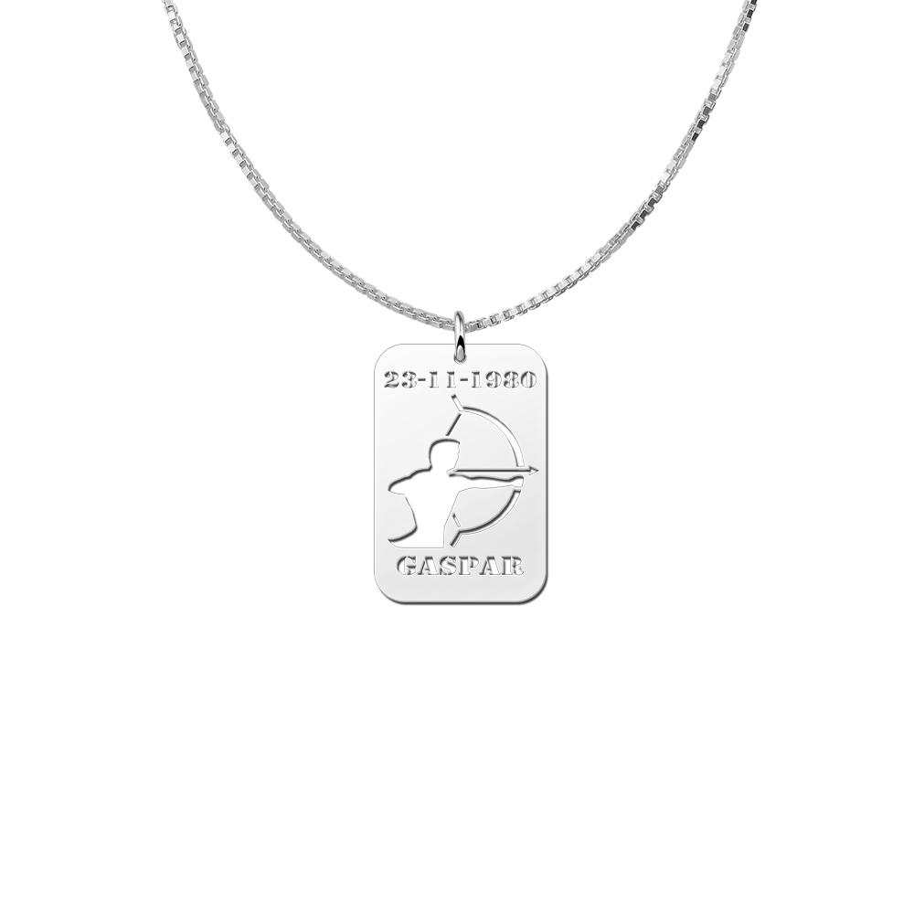 Colgante de Plata Signo del Zodiaco Sagitario con Grabado de Fecha y Nombre