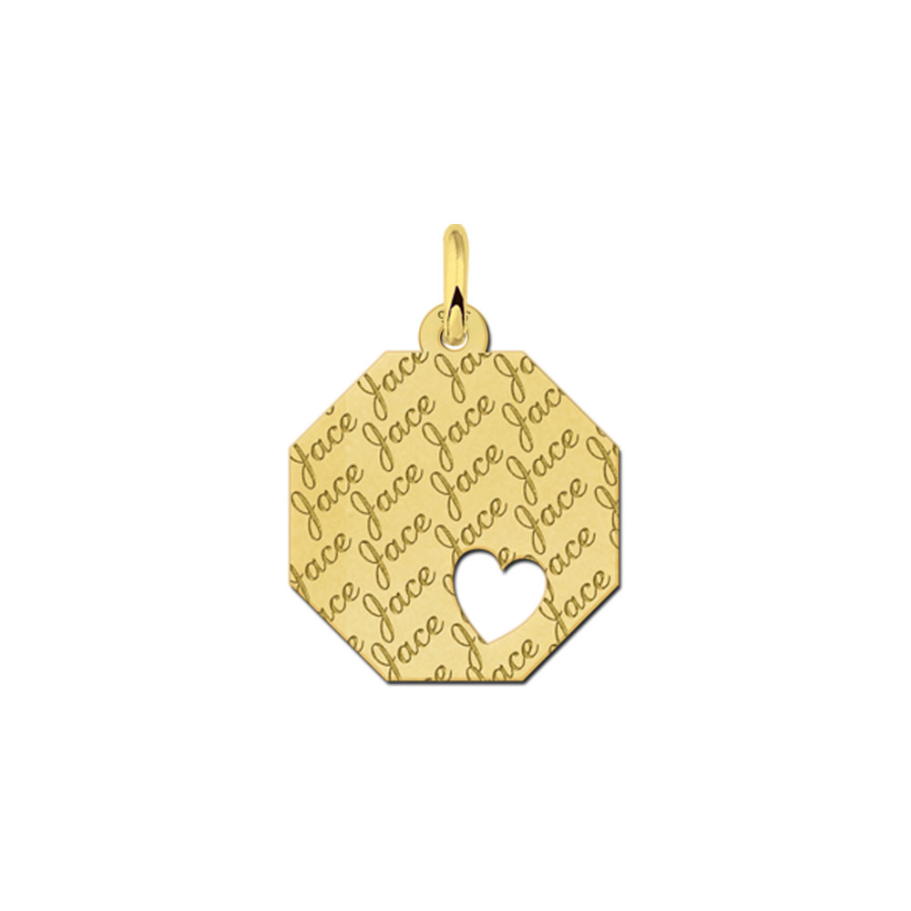 Colgante octogonal chapado en oro con patrón de nombre repetido y corazón