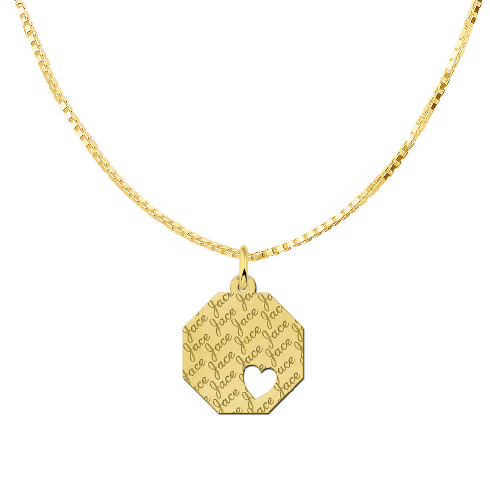 Colgante octogonal chapado en oro con patrón de nombre repetido y corazón