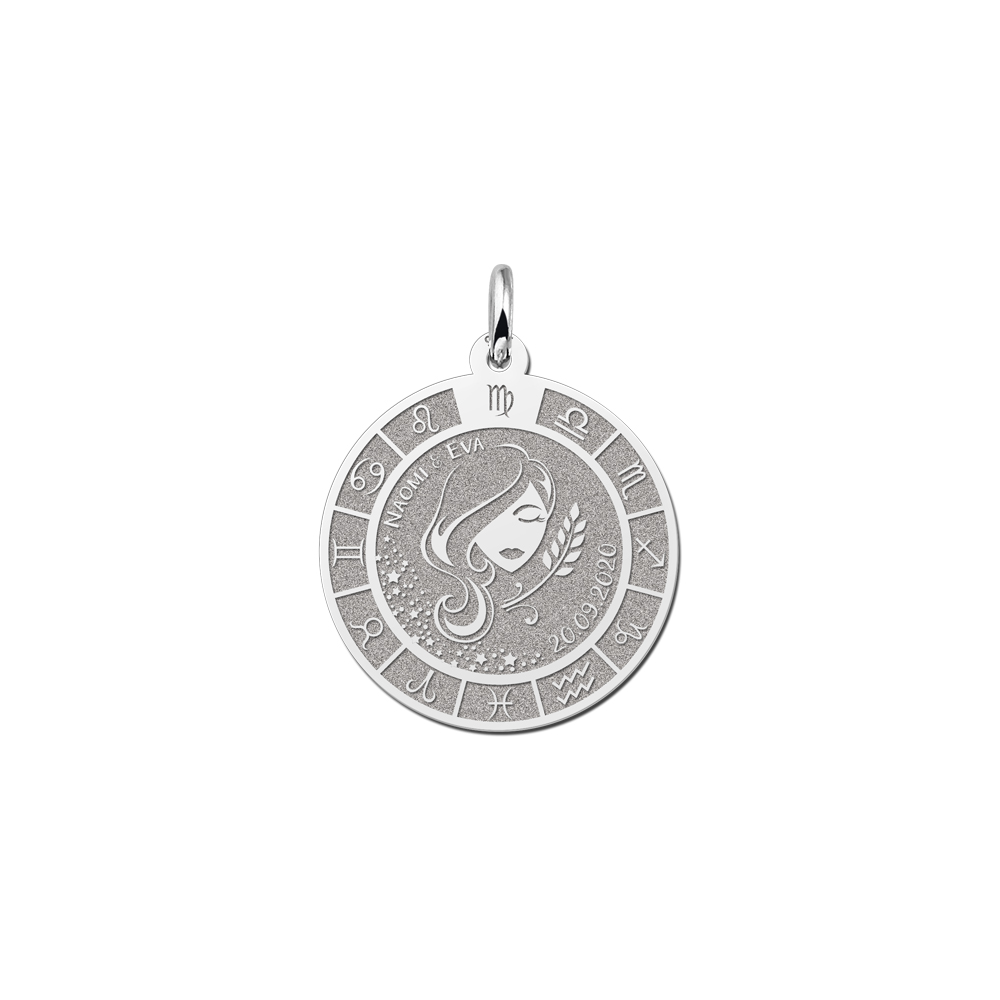 Colgante Redondo de Plata Signo del Zodiaco Virgo con Grabado