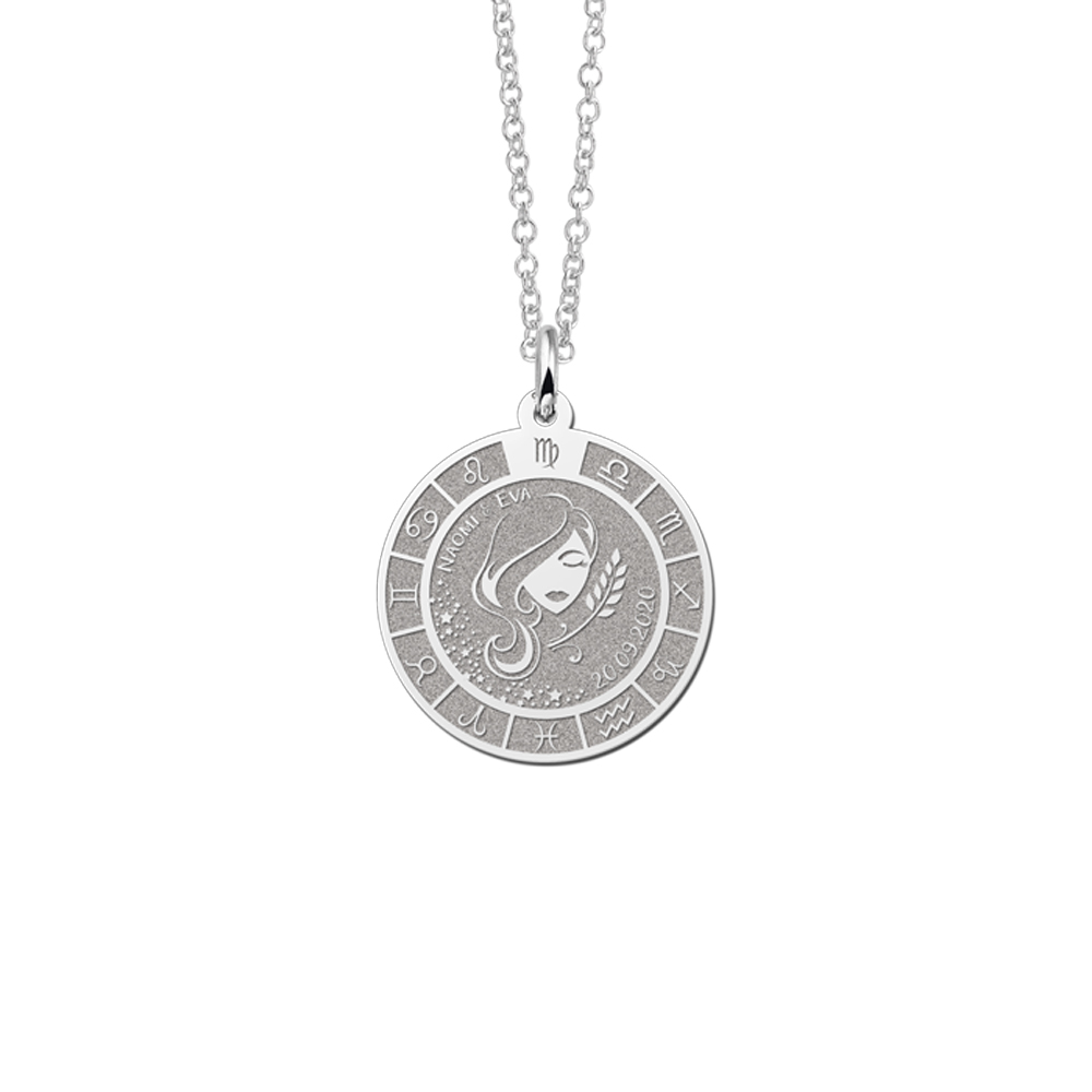 Colgante Redondo de Plata Signo del Zodiaco Virgo con Grabado
