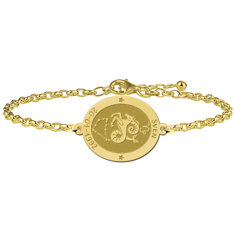 Pulsera Ovalada Signo del Zodíaco Capricornio Chapada en Oro con Nombre y Fecha