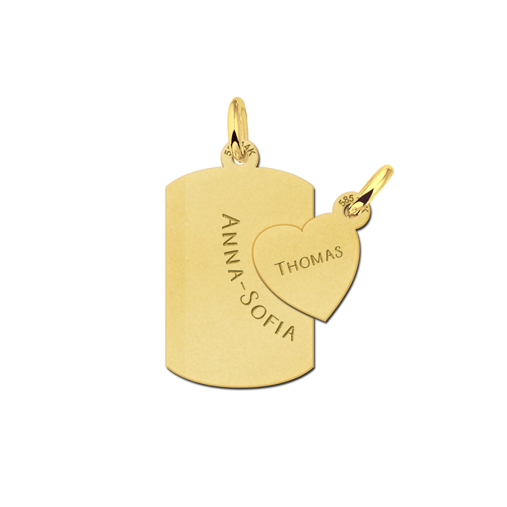 Colgante de amistad de oro, con placa de identificación y corazón
