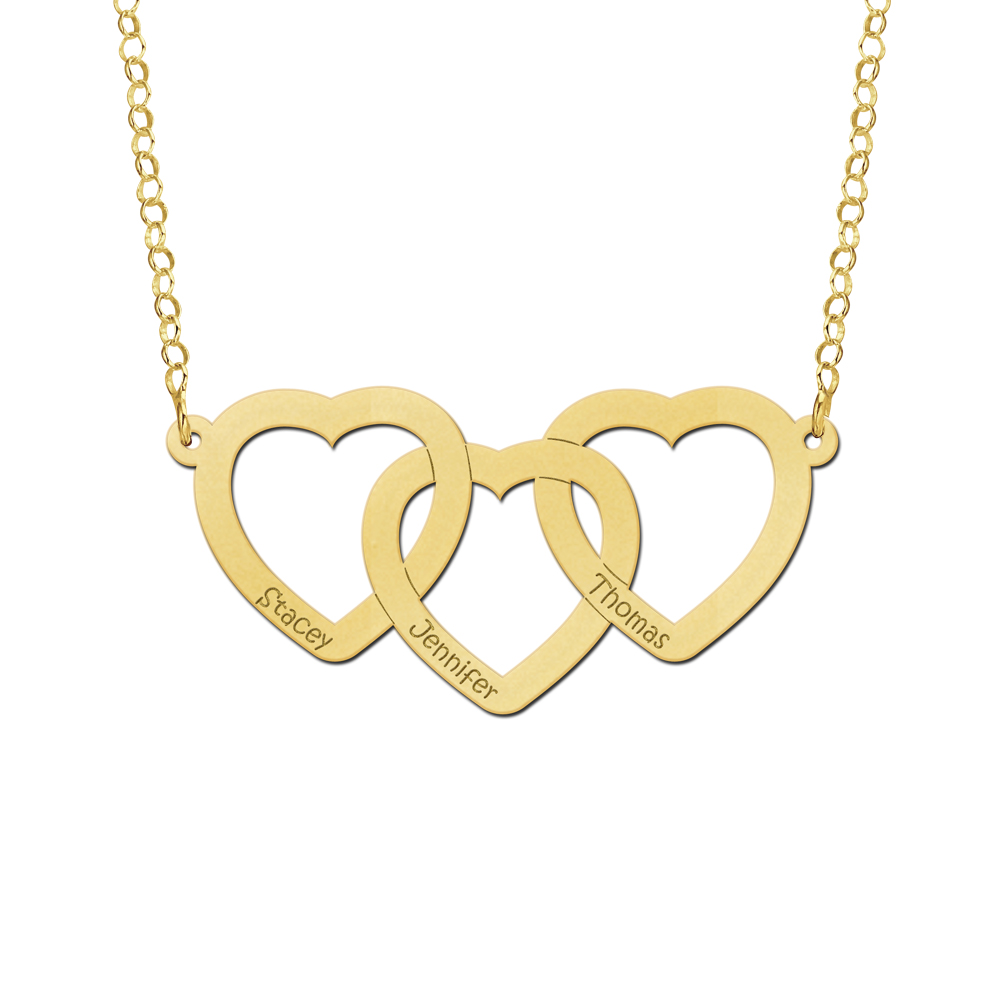 Collar de oro de tres corazones con nombre