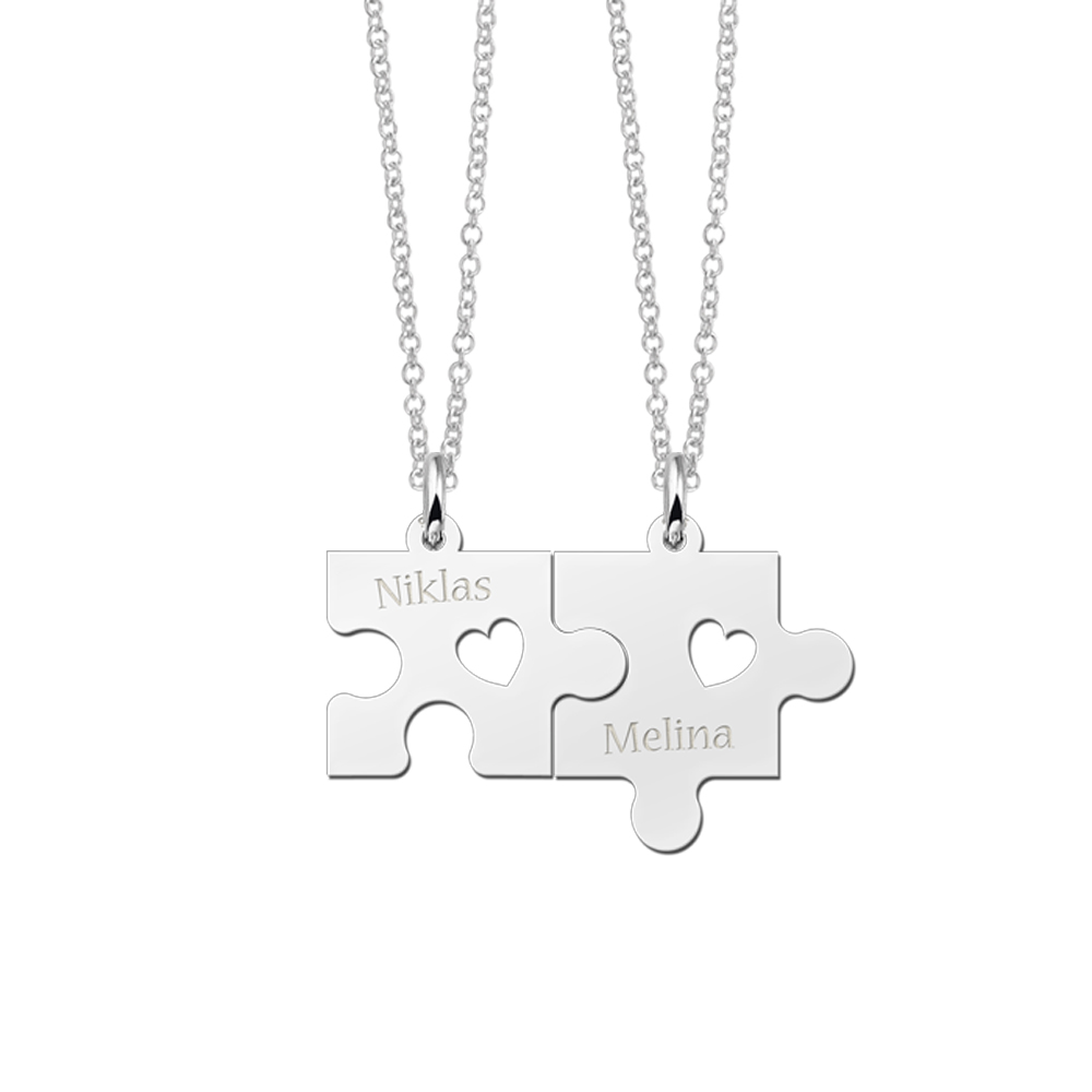 Collar de amistad de plata con piezas de puzle, corazones y nombres
