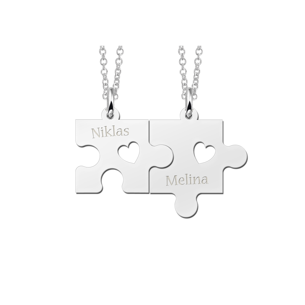 Collar de amistad de plata con piezas de puzle, corazones y nombres