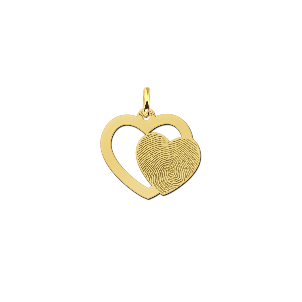 Colgante doble corazón de oro de 14 quilates con huella dactilar