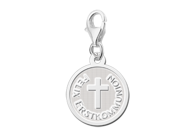 Abalorio Redondo de Plata Comunión con Nombre y Cruz