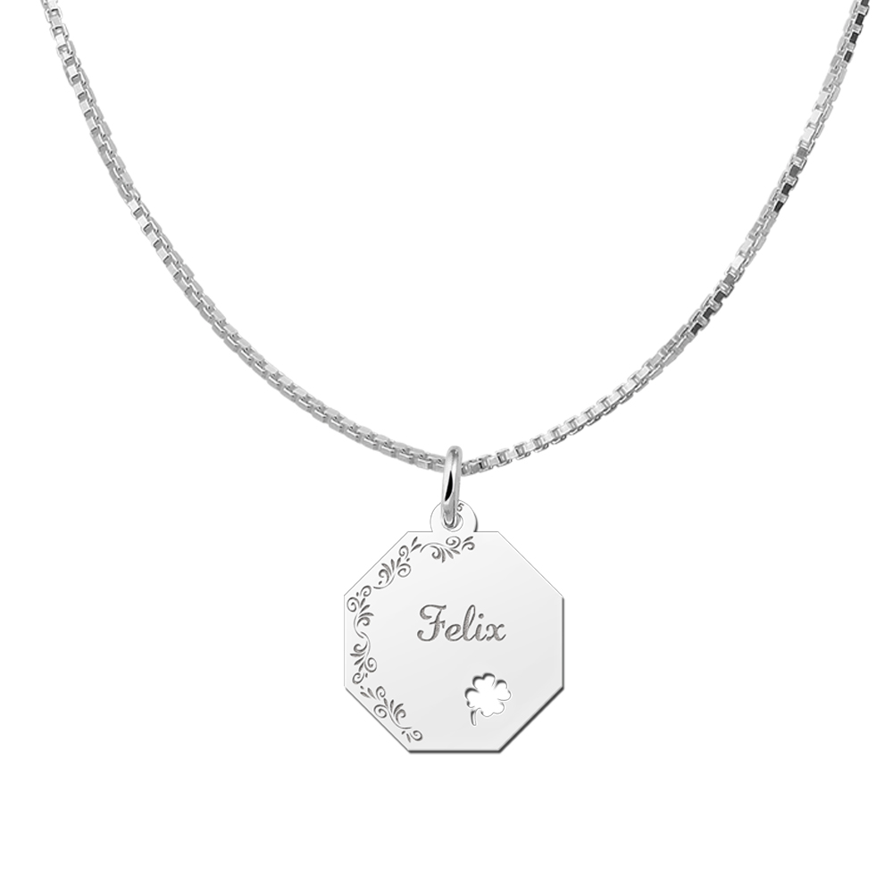 Colgante octogonal de plata borde floral & trébol