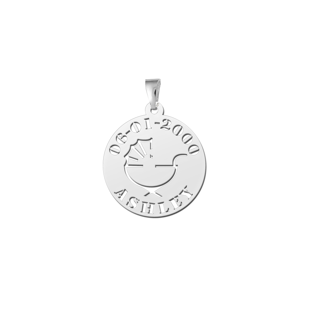 Colgante Redondo de Plata Cochecito de Bebé con Nombre y Fecha