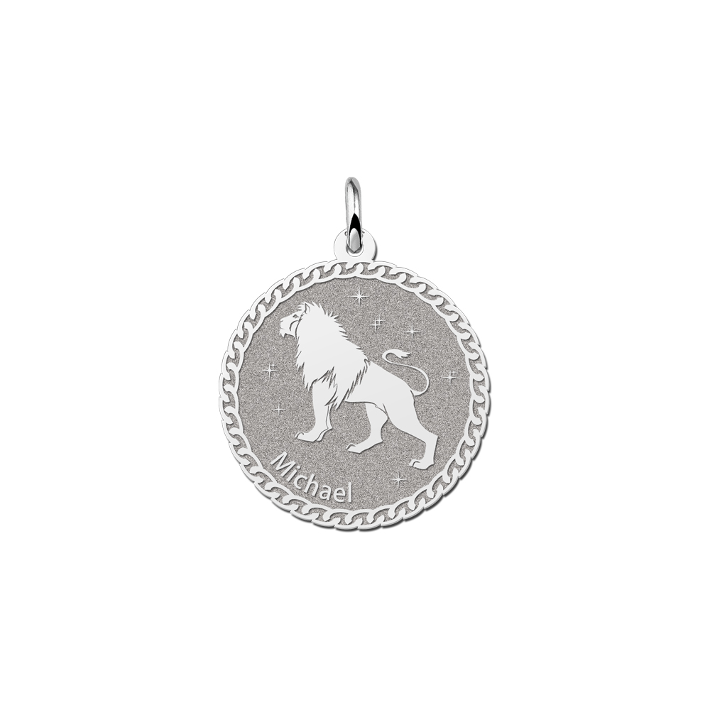 Colgante Redondo de Plata Signo del Zodiaco Leo con Grabado de Nombre