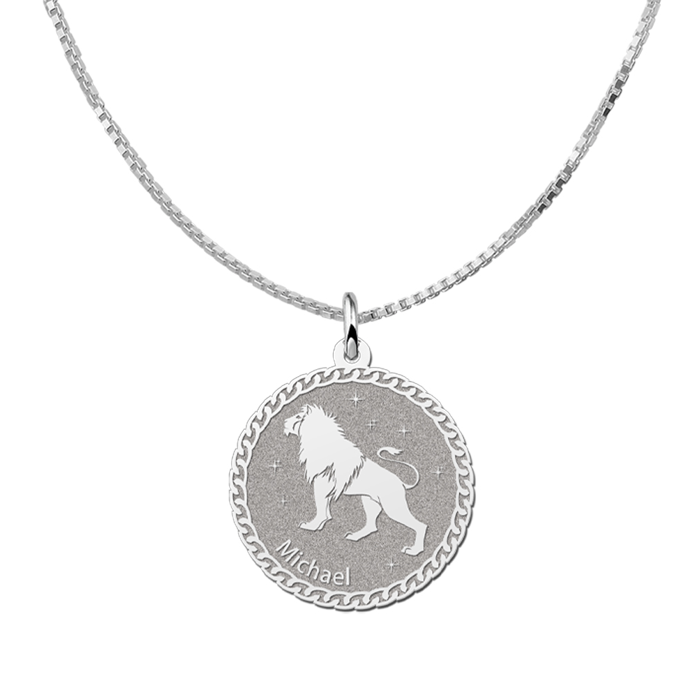 Colgante Redondo de Plata Signo del Zodiaco Leo con Grabado de Nombre