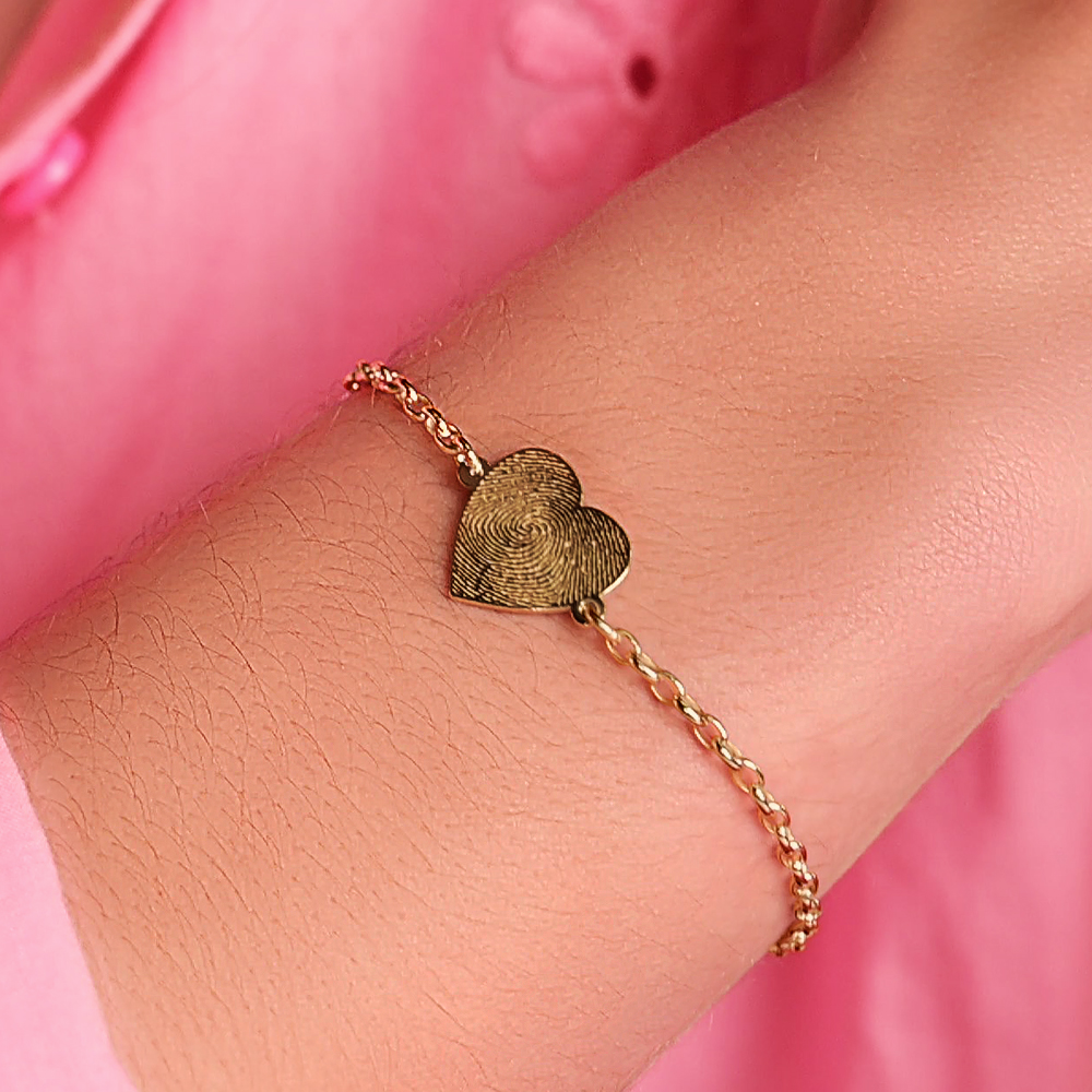 Pulsera de Corazón Chapada en Oro con Huella Dactilar