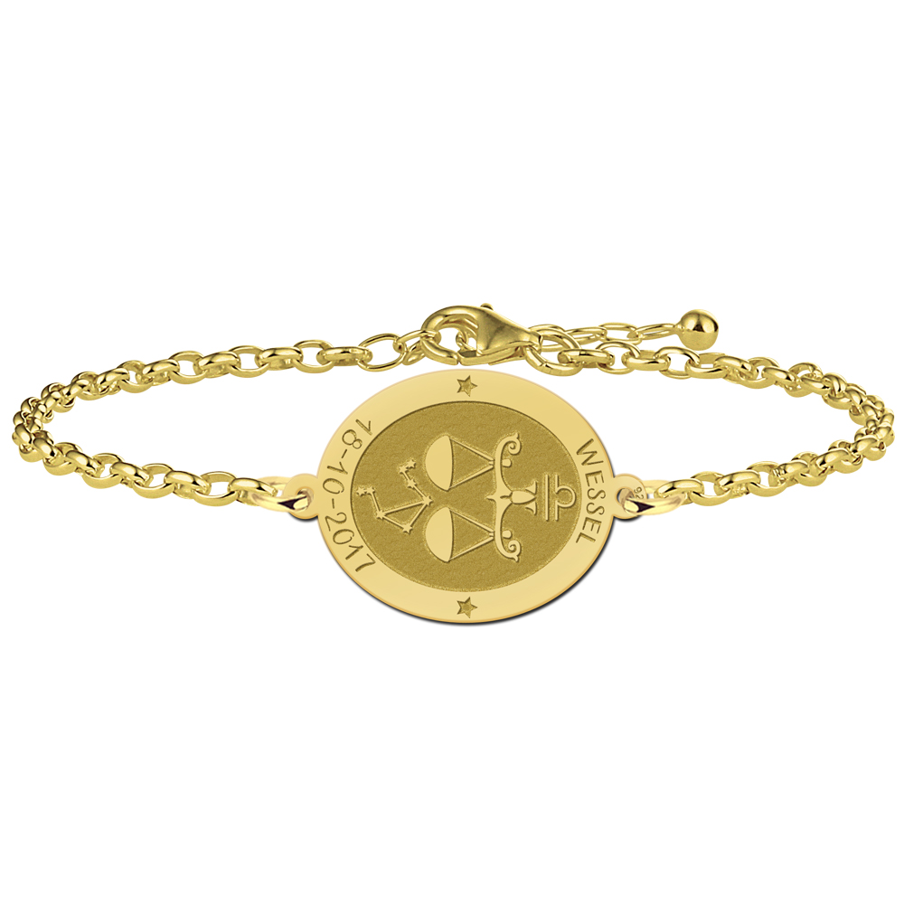 Pulsera Ovalada Signo del Zodíaco Libra Chapada en Oro con Nombre y Fecha