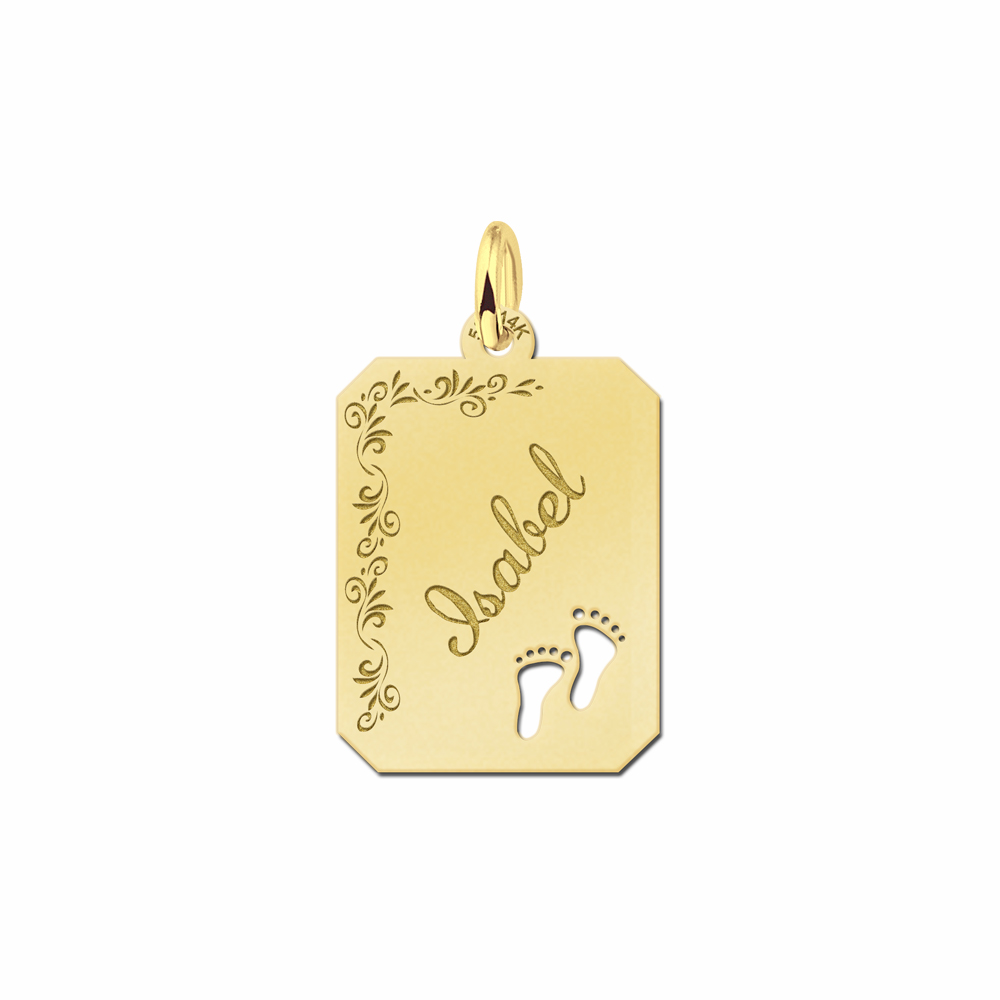 Placa de plata grabado rectangular16 con borde de flor y piececitos Placa de plata grabado rectangular16 con borde de flor y piececitos