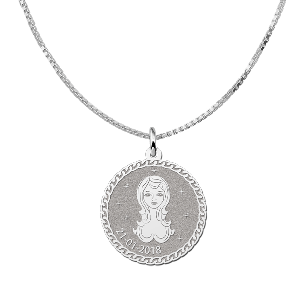 Colgante Redondo de Plata Signo del Zodiaco Virgo con Grabado de Nombre