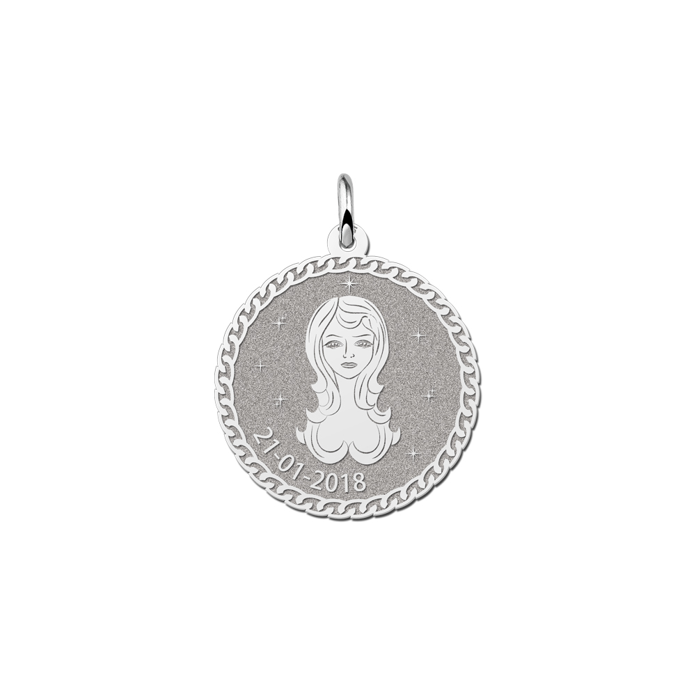 Colgante Redondo de Plata Signo del Zodiaco Virgo con Grabado de Nombre
