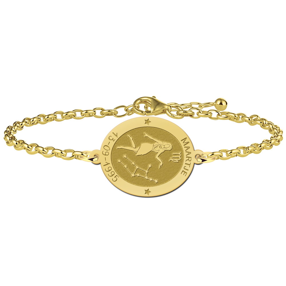 Pulsera Ovalada Signo del Zodíaco Virgo Chapada en Oro con Nombre y Fecha