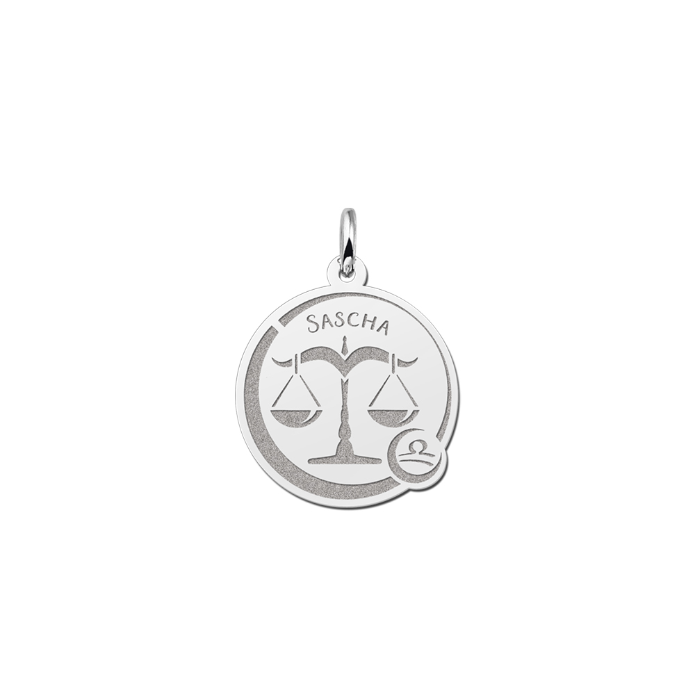 Colgante Redondo de Plata Signo del Zodiaco Libra con Grabado de Nombre