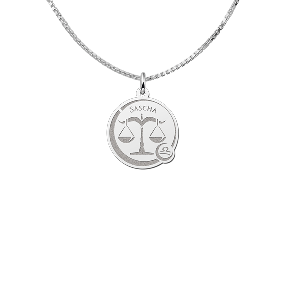 Colgante Redondo de Plata Signo del Zodiaco Libra con Grabado de Nombre