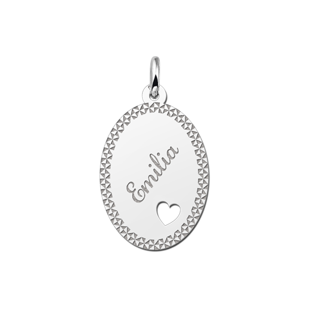 Colgante ovalado de plata borde & corazón
