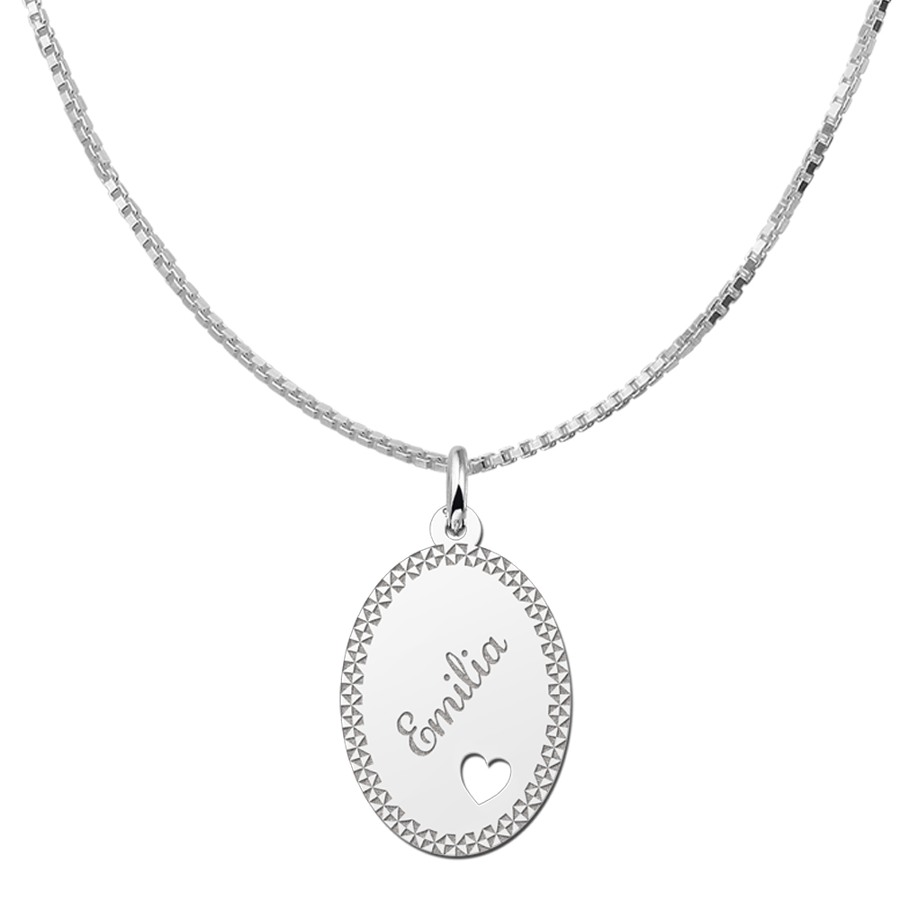 Colgante ovalado de plata borde & corazón